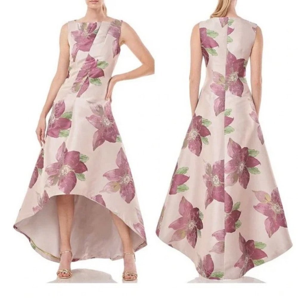 Kay Unger Blush Rose Palmer Floral Jacquard High-Low Gown